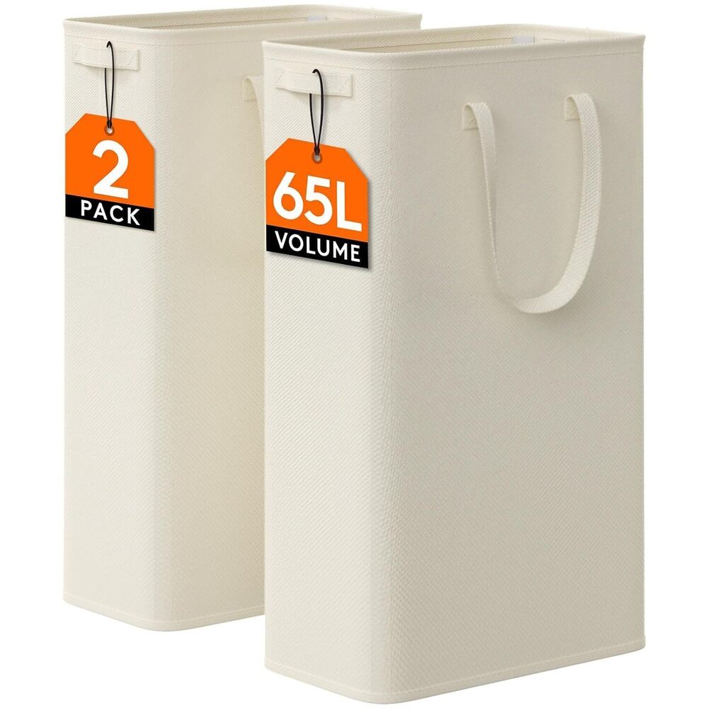Slim Laundry Hamper 2 Pack w/ Handles 65L White